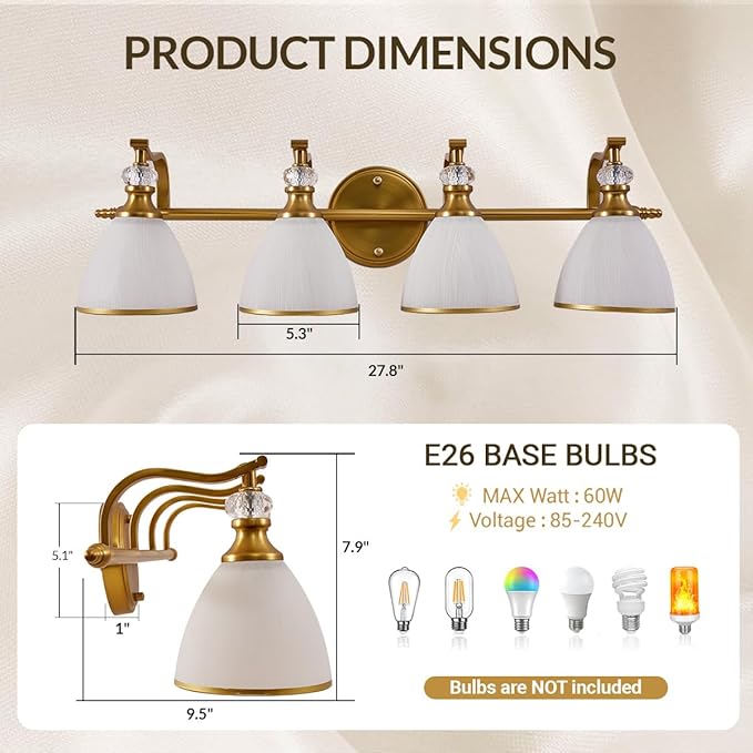 ANDY STAR Brushed Gold Vanity Light, 4-Light Bathroom Light Fixtures, Vintage Wall Lamp with Bell Shaped Frosted Lampshade, 27.8 Inch Bathroom Lighting Fixtures Over Mirror, (Bulbs Not Included)