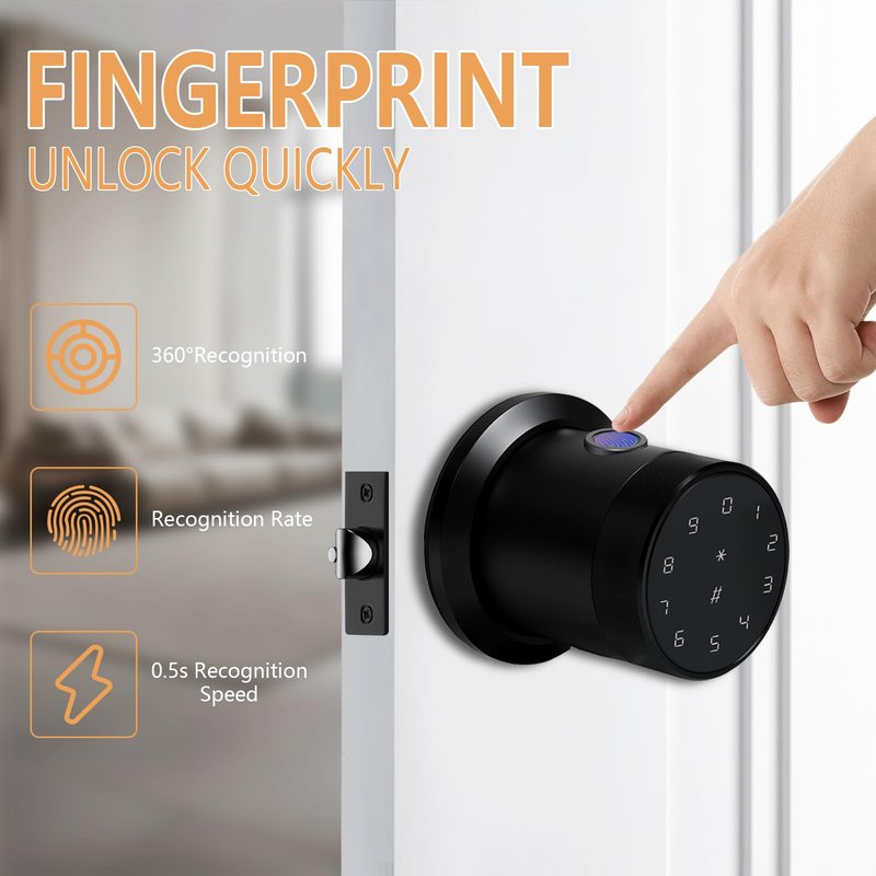 Fingerprint Door Knob, Keyless Entry Smart Door Knob with Touchscreen Keypad, Key FOB, App Control, Auto Lock, Voice Prompts, 300+ User Capacity, Door Lock for Bedroom, Gate, Office, Matte Black