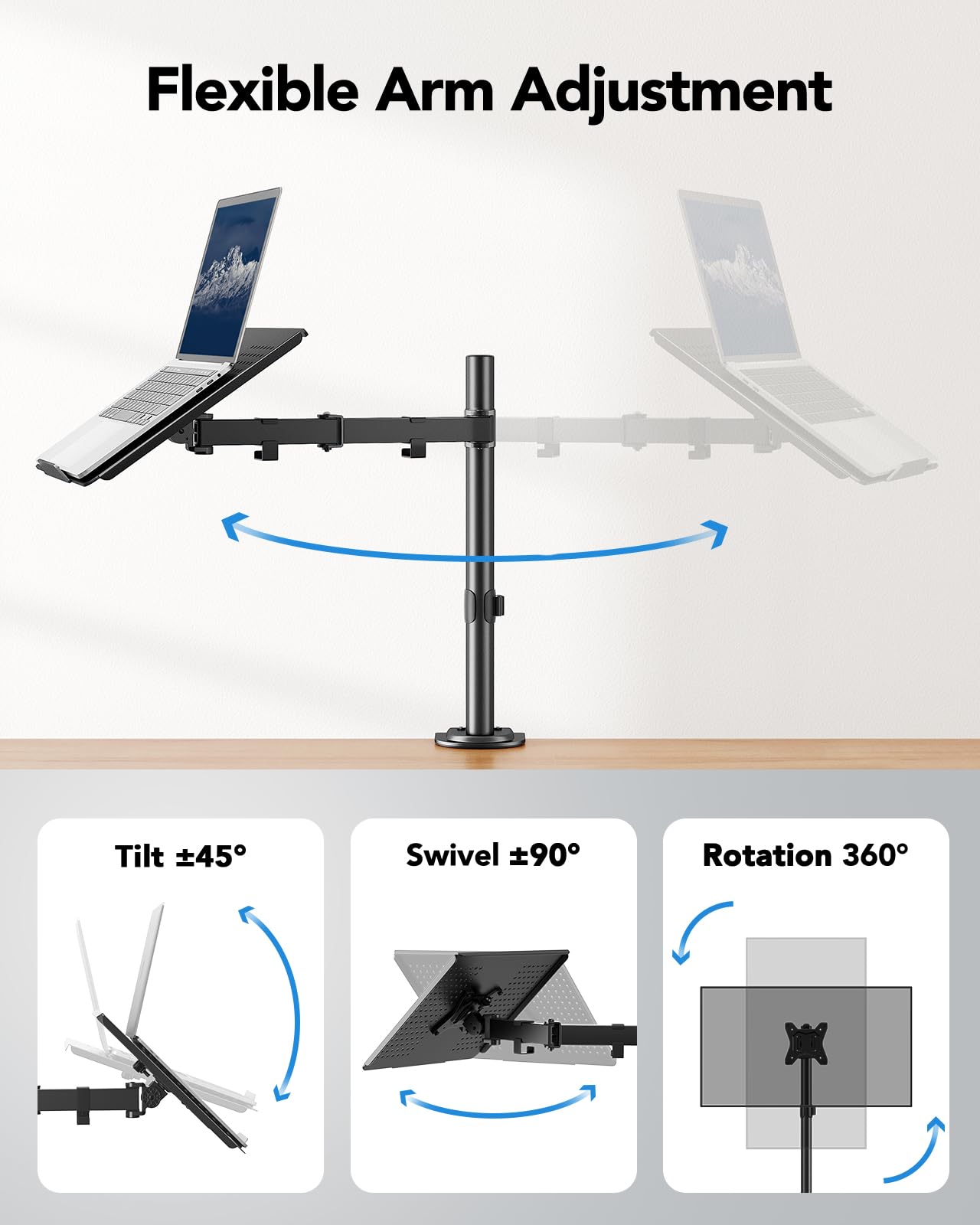 HUANUO Laptop Desk Mount - 17' to 32' Monitor Arm, Ventilated Tray, Fully Adjustable with Tilt, Swivel & Rotation, Holds up to 22 lbs