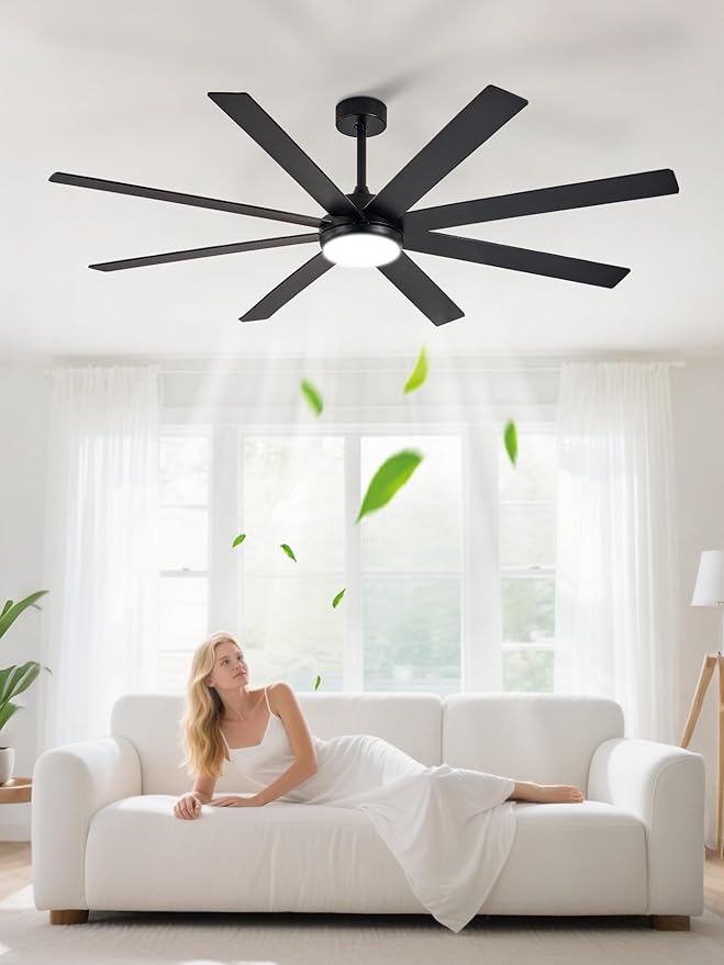 Depuley 66" Ceiling Fans with Lights: Black Indoor/Outdoor Ceiling Fan for Patios Living Room - 8 Blades Dimmable Large Ceiling Fans with Remote APP Control Timer Reversible Quiet DC Motor 6 Speeds