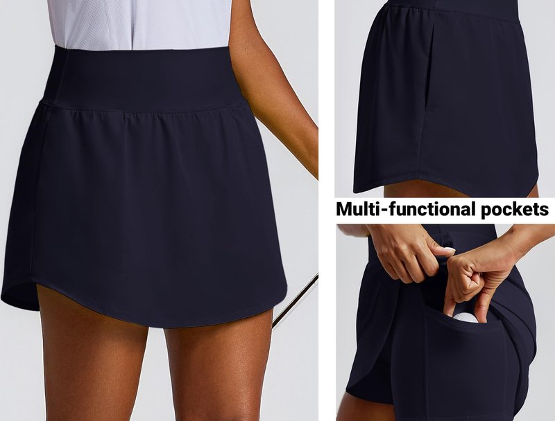 PINSPARK Women's High Waisted Tennis Skirts Lightweight Curved Hem Golf Skorts Skirts for Women with Shorts Pockets, Dark Navy L