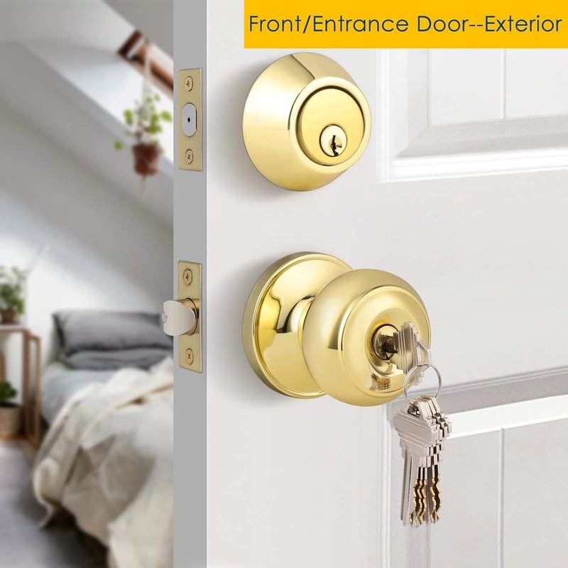 Brotima 1 Pack Polished Brass Round Style Entry Door Knobs and Deadbolt Combination Set, Keyed Alike Double Cylinder Deadbolt Door Lock Set