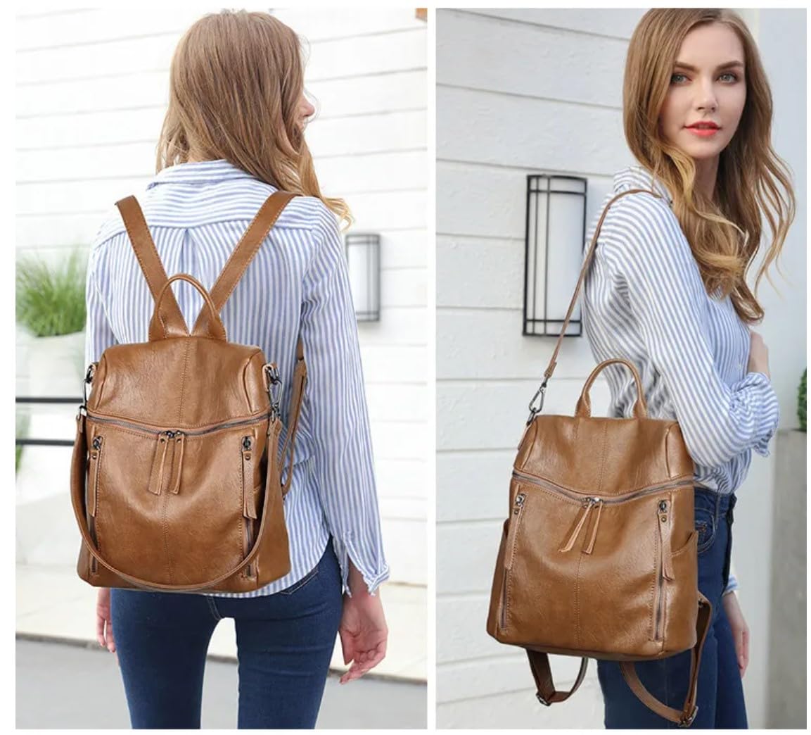 AurexaFashion Genuine Cow Leather Backpack Shoulder Handbag Bag for Women, Top Handle & 2 Detachable Straps- Brown