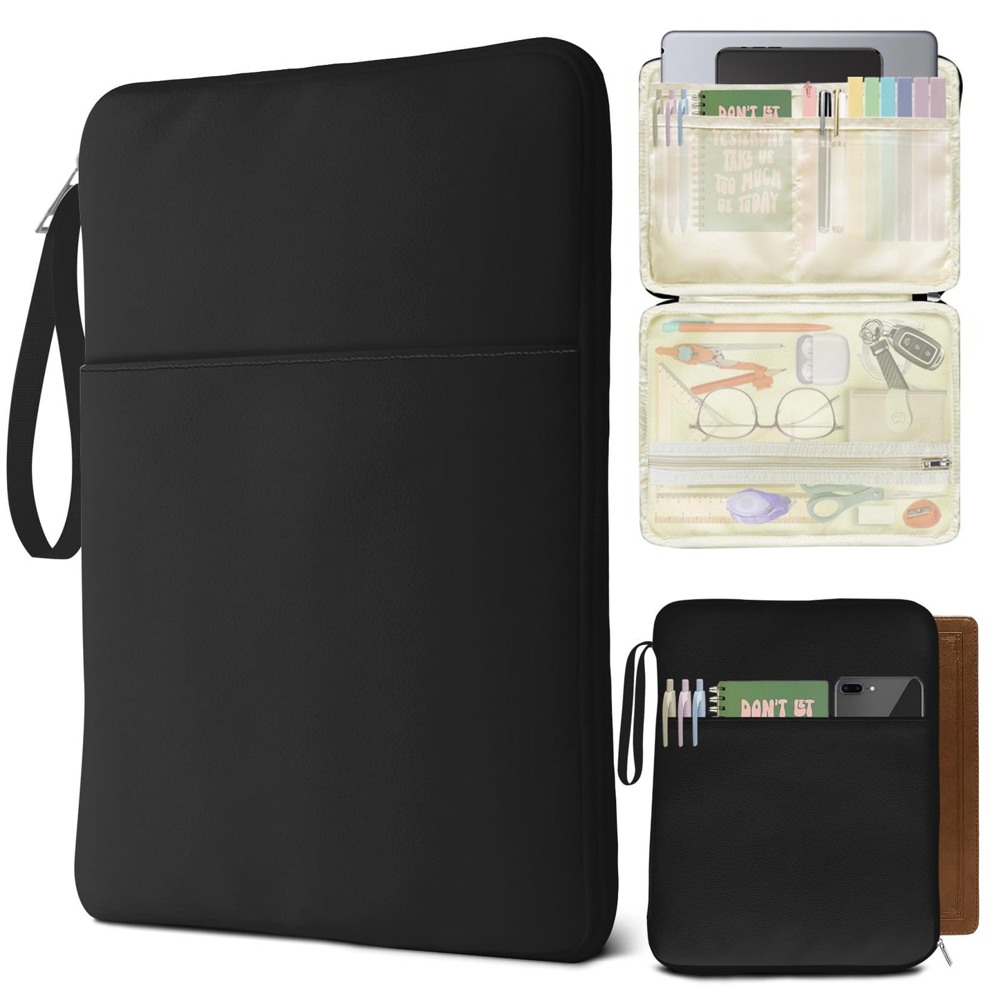 QRZIQRZ Black Book Sleeve Kindle Pouch, Book Protector Case with Zipper, PU Leather Waterproof Book Cover Bag, Portable Book Pouch for Book Lovers Gifts Paperbacks Bibles Hardcover