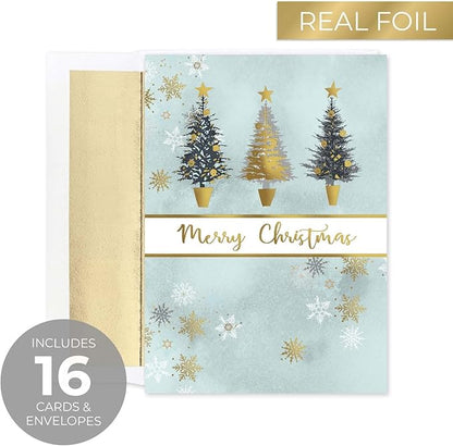 Masterpiece Christmas Tree Trio Gold Foil Holiday Cards / 16 Boxed Winter Holiday Cards With Gold Foil Lined Envelopes / 5 5/8" x 7 7/8" Folded Seasonal Greeting Cards With Inside Verse