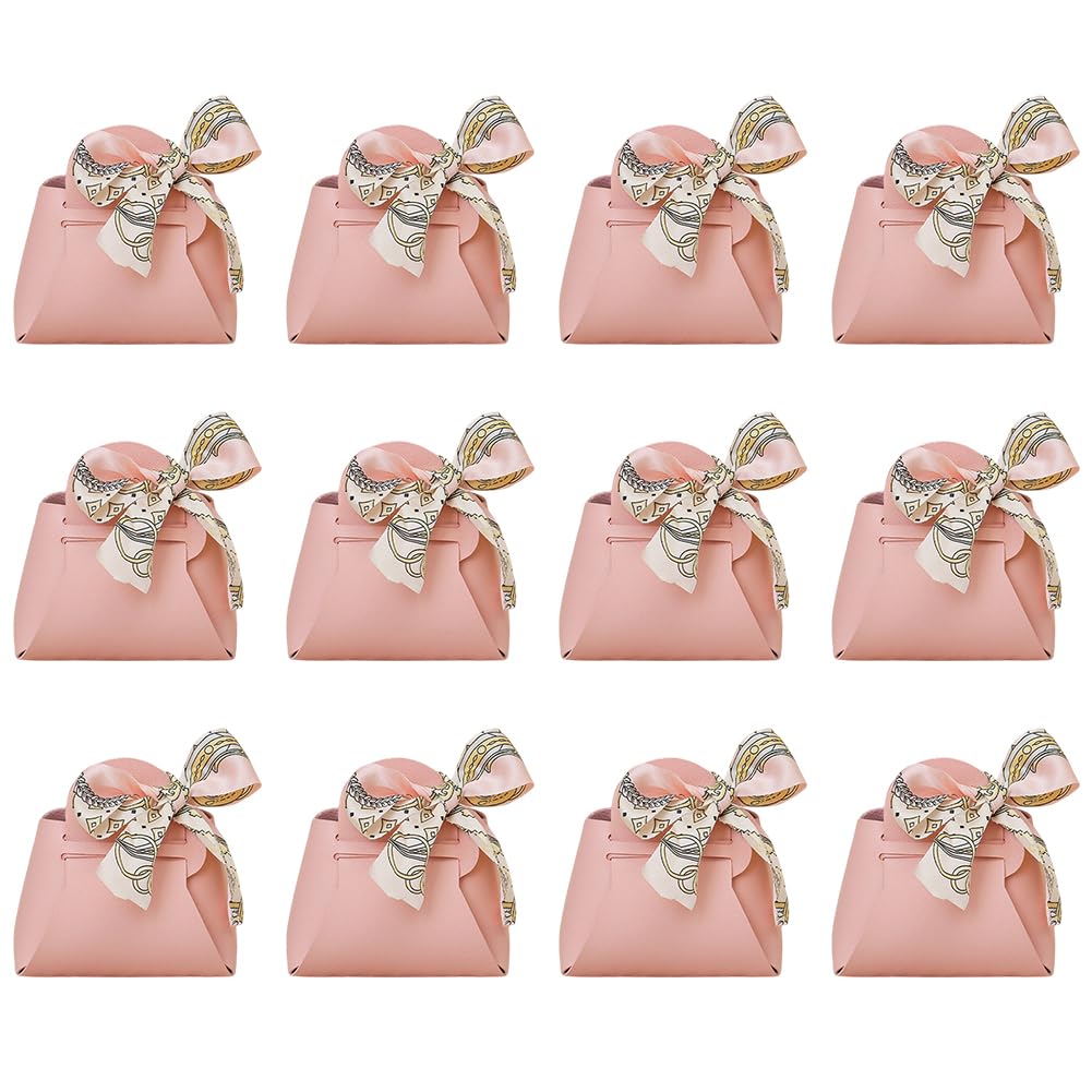 CALFOVERA 12 Pack Small Party Favor Boxes Reusable Faux Leather Gift Candy Wrapping Bags with Handle Ribbon Pink Mini Treat Handbags for Weddings Party Guest Gift Bridal Showers Birthday Halloween