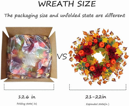 22 Inch Fall Wreath for Front Door, Thanksgiving Artificial Autumn Apple Wreath with Maple Leaves Dahlia Hydrangea for Farmhouse Home Window Wall Office Wedding Indoor Outdoor Decorations