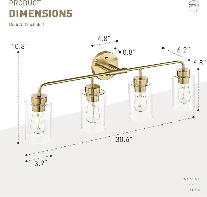 zeyu 4-Light Bathroom Light Fixtures, Gold Vanity Lights for Bathroom, 31 Inch Wall Sconce Lighting, Brushed Gold Finish, Clear Glass Finish, ZS62B-4W BG