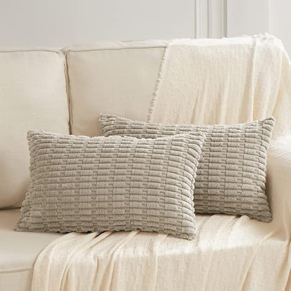 Fancy Homi Taupe Lumbar Decorative Throw Pillow Covers 12x20 Inch for Living Room Couch Bed Sofa, Rustic Farmhouse Boho Home Decor, Soft Striped Corduroy Rectangle Cushion Case 30x50 cm