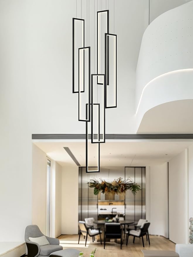 Flashing God Modern Chandelier,Black Chandelier with 6 Ring Led Foyer Chandeliers,Larger High Ceiling Chandelier for Living Room,Square Chandelier for Entryway Staircase LED Dimming 2700k-6000k