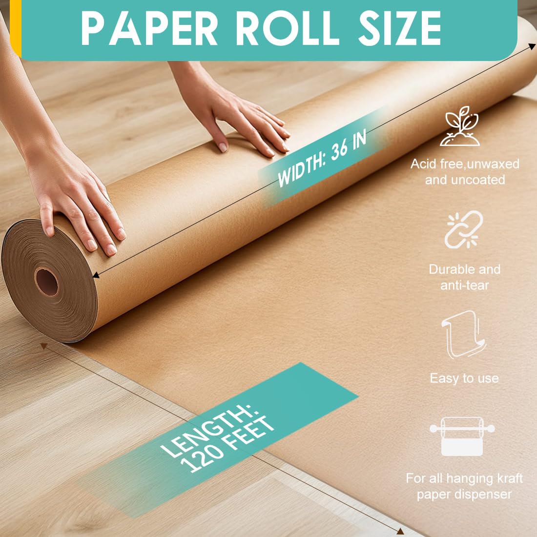 PerkHomy Brown Kraft Paper Roll 36" x 1,440" (120') for Craft Bulletin Board Paper Art Table Covering Crafting Gift Wrapping Bouquet Packing Parcel 70GSM 50LB (Brown, 36" x 120')