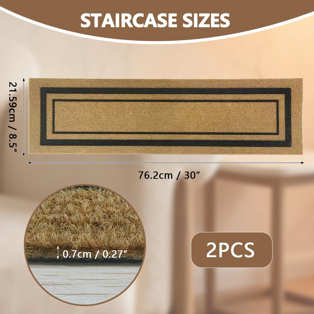 Outdoor Stair Treads for Wooden Steps, Non-Slip Rubber Brown Stair Runner Rugs, 2 Pcs 8.5" x 30" Heavy Duty Stair Mats for Outside Steps, Weatherproof Grip for Elders, Dogs & Kids, Black Border.