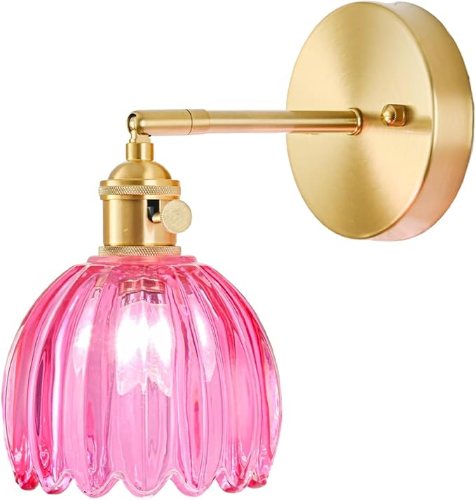 Hardwired Wall Sconce Light, Vintage Wall Sconce with Switch, Gold Wall Light Fixture with Tulip Ruby Red Glass Lampshade, Indoor Wall Light for Bedroom Bathroom, Bedside Wall Lamp