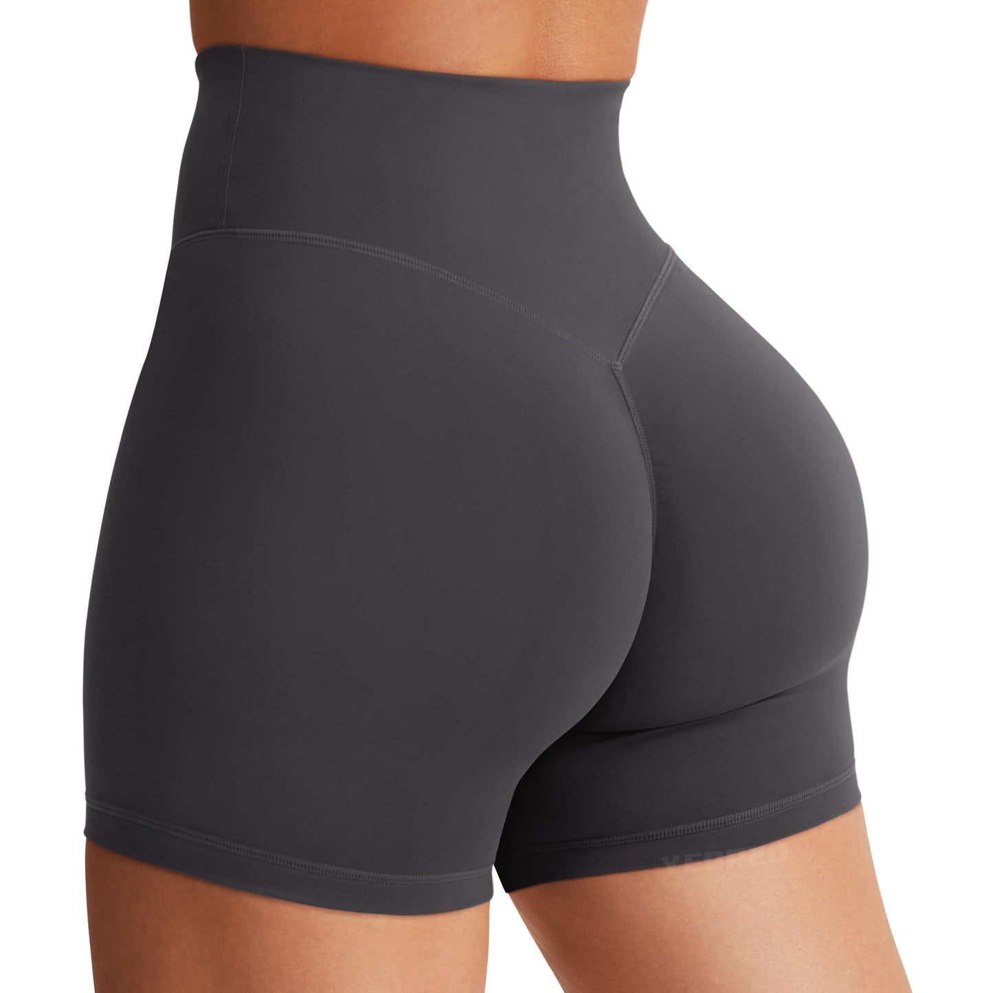 YEOREO Women's Biker Shorts 4.5" / 6" Workout Gym Shorts Craze High Waist Tummy Control Hidden Scrunch Running Yoga Dark Grey M