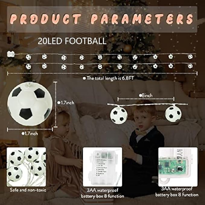 Soccer String Lights, 14ft 20 LED Ball Indoor Battery Operated LED String Lights, Sport Theme Party Decorative Lights,Birthday Decorations,Soccer Gift