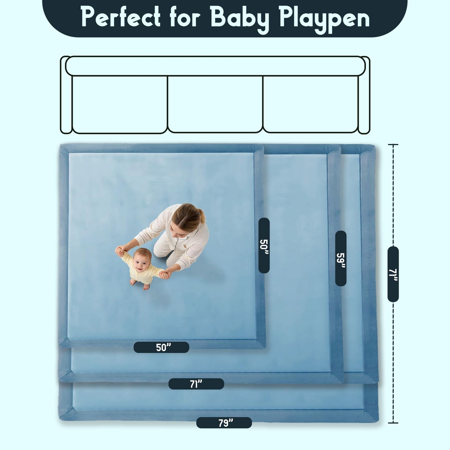 TreeBud Baby Play Mat for Floor, 1.3 Inch Thick Memory Foam Tummy Time Mat with Non Slip Backing, Soft Coral Velvet 59X71 Inch Playpen Mat Crawling Tatami for Infants Toddlers Kids, Midnight Blue