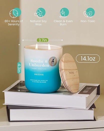 M&SENSE Jasmine & YlangYlang Scented Candle for Home, 14.1oz 80 Hours Non Toxic Natural Soy Wax Long Lasting Aromatherapy Relaxing Candles for Yoga Spa Meditation