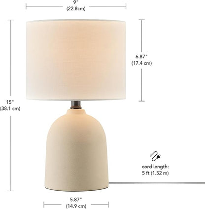 GLOBE Electric 61000142 15" Table Lamp, Ceramic, Light Concrete Finish, White Linen Shade, Rotary Switch on Socket, 5-Foot Clear Cord, Bedroom, Home Décor, Nightstand