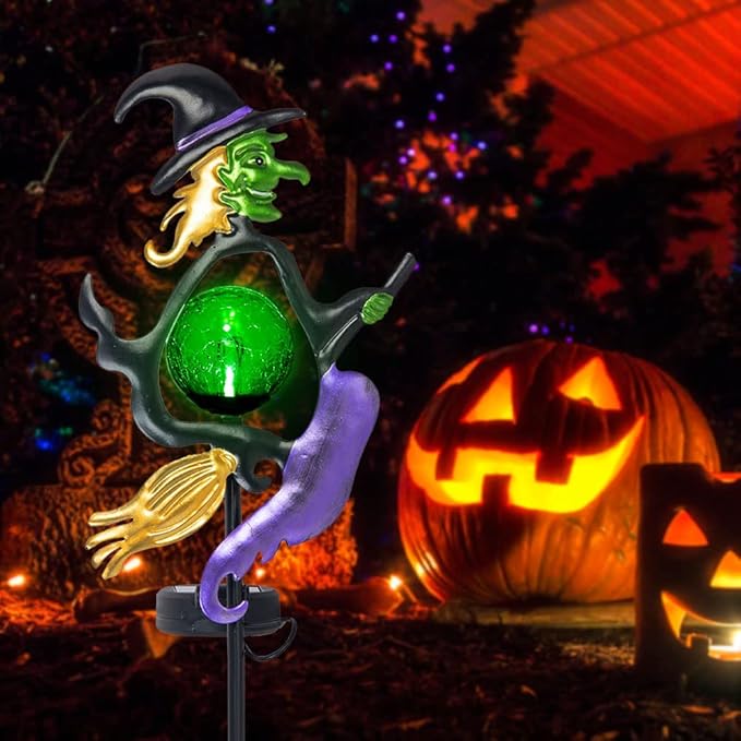Viveta Solar Halloween Lights, Witch Halloween Decorations Solar Stake Lights with Crackle Glass Ball for Outdoor Pathway Garden Yard Patio, 2 Pack