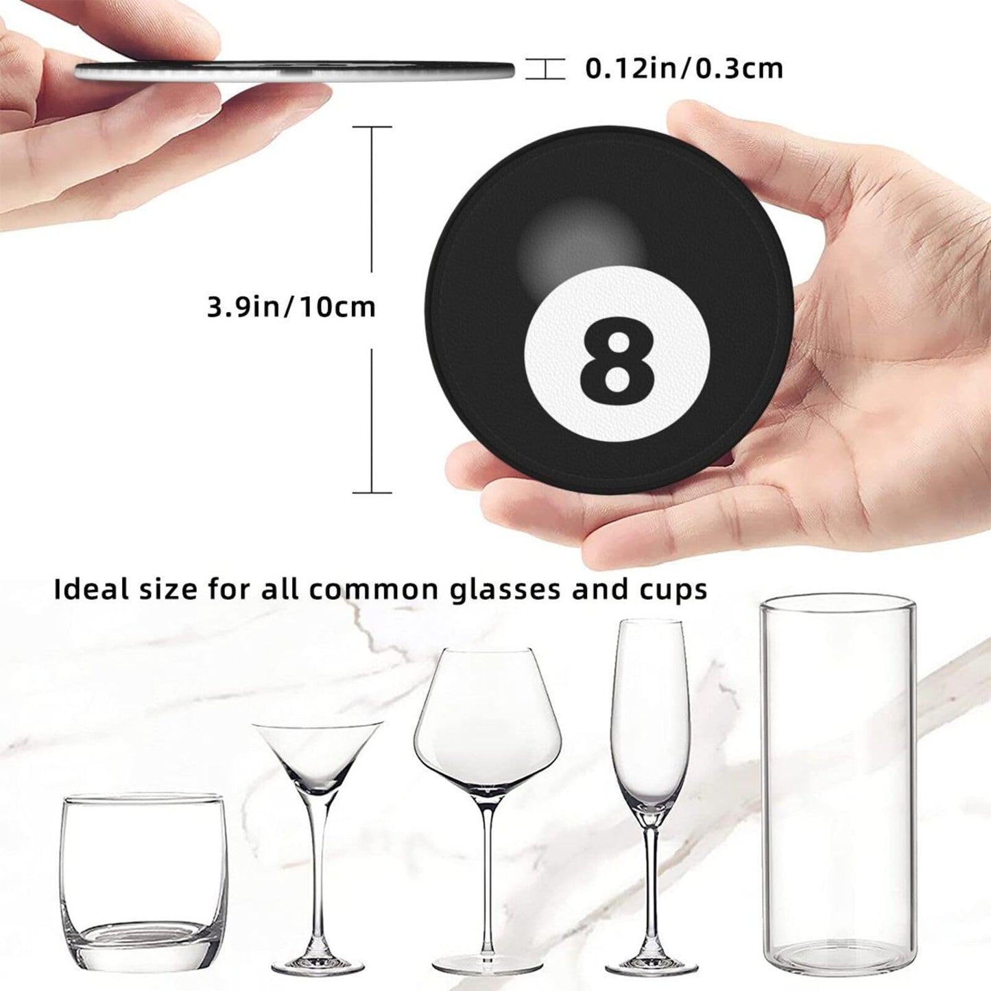 BOXIMIAO Drink Coasters with Holder Stand Set of 6, Billiard Ball Black 8 Pu Leather Absorbent Coasters with Cork Base Table Coaster Round Coasters for Housewarming Apartment Kitchen Bar Decor
