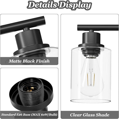 4-Light Black Bathroom Light Fixtures, E26 Modern Vanity Lights for Bathroom with Clear Glass Shade, Wall Lamps for Mirror Hallway Kitchen Cabinet Living Room Sconces Lights