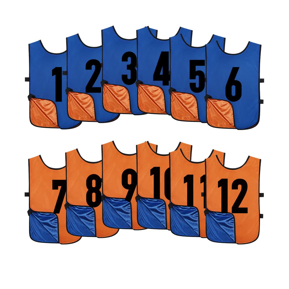 Saaifuu 12 Pack Reversible Numbered Pinnies, Double Sided Scrimmage Vest,Team Practice Jerseys for Kids and Adult(Orange/Dark Blue, M)