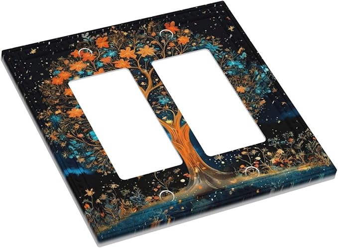 Magical Life Tree in Night Sky Dual Outlet Covers Wall Plate 2 Gang Rocker Decora Decorative Switchplate Electrical Faceplate GFCI Light Switch Covers for Farmhouse Living Decor