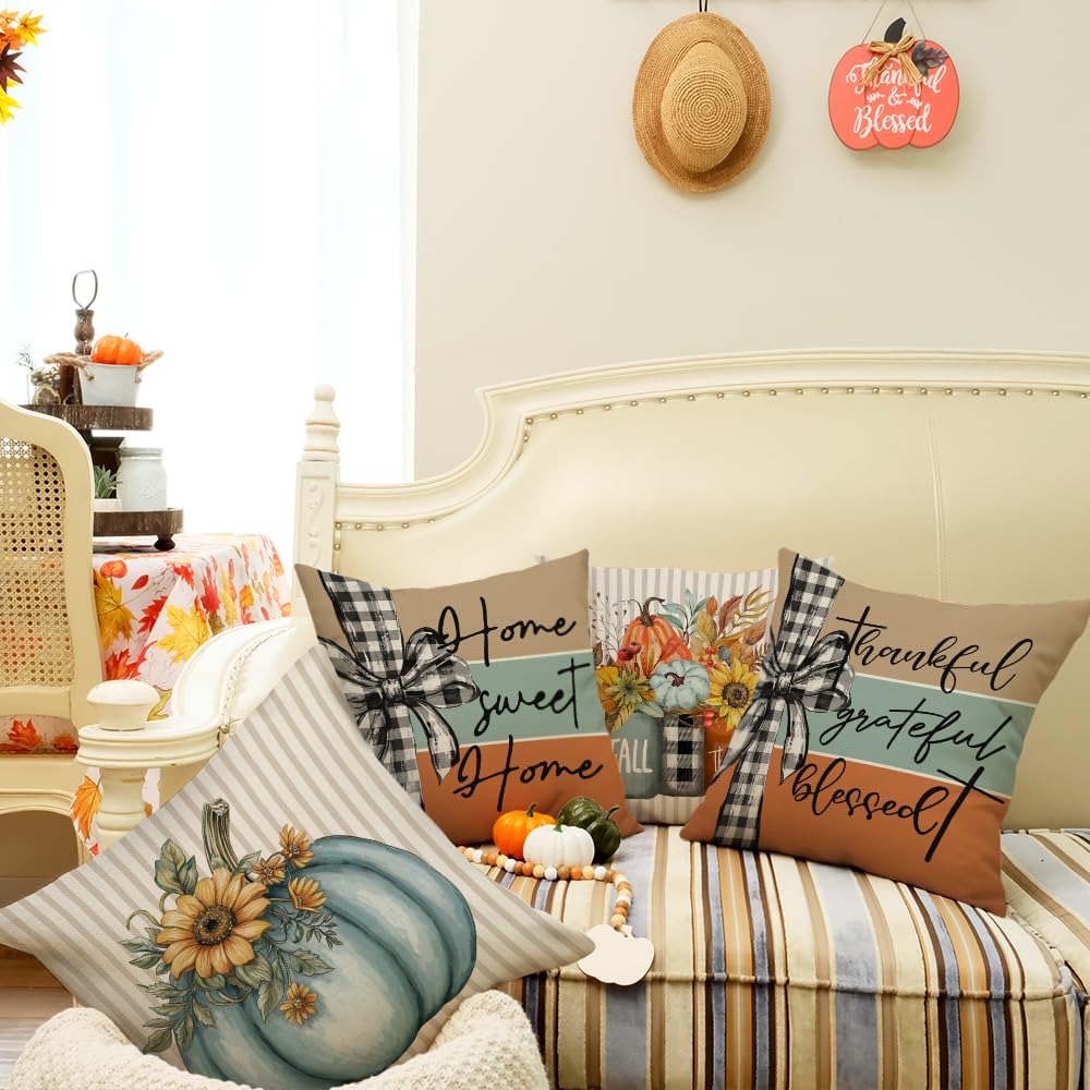 GEEORY Fall Blue Pumpkin Sunflower Buffalo Plaid Pillow Covers 18x18 Set 4