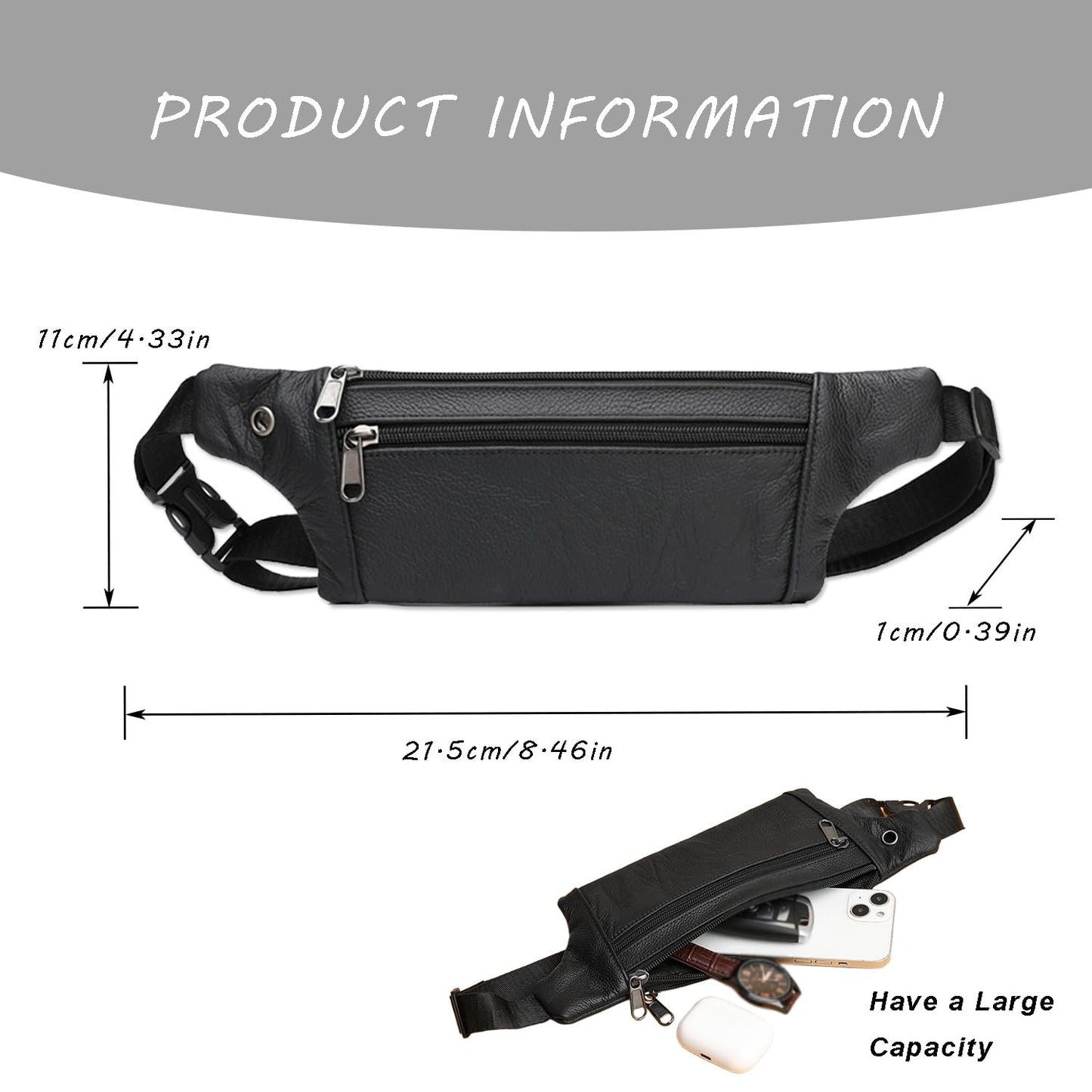 YRMLYMOP Leather Belt Bag,Black Belt Bag Mens Fanny Pack Crossbody 3-Zipper Pockets Phone Bag Fits All Phones Wallet Keys, Casual Hands-Free Waist Pack For Travel Workout Running Gifts