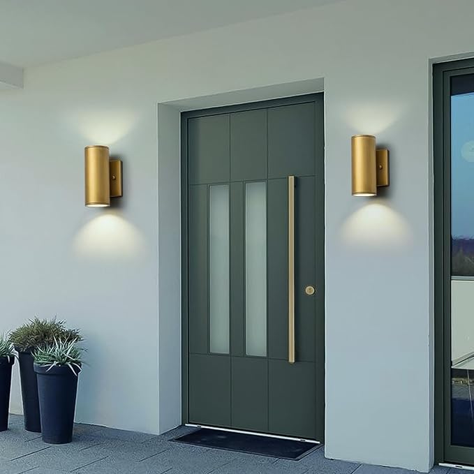 Modern LED Outdoor Wall Lights 7" Cylinder Up and Down Exterior Lighting Fixtures Handmade Gold Outdoor Wall Sconce Wall Mount on Any Direction