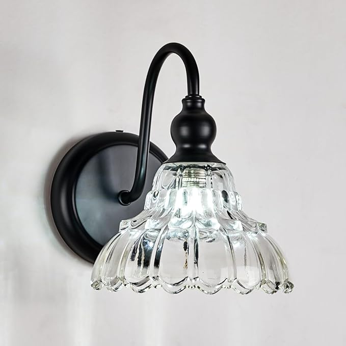 Modern Black Wall Sconce Mini Wall Light Made of Metal Body and Pressed Patterned Glass Retro Vanity Light for Bedroom, Bathroom, Doorway, Farmhouse