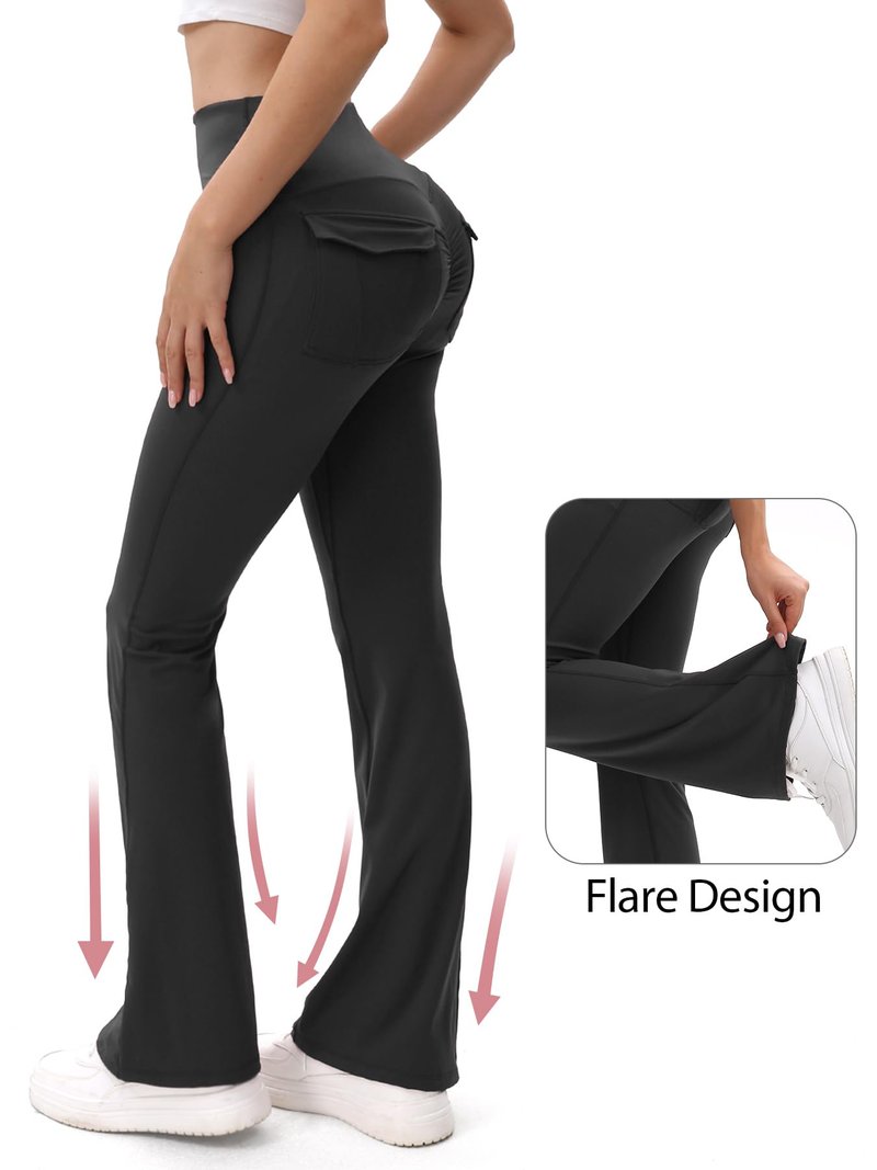 HiBwoBwo Women's Flare Leggings with Pockets High Waisted Scrunch Workout Leggings Butt Lifting Bootcut Yoga Pants Black