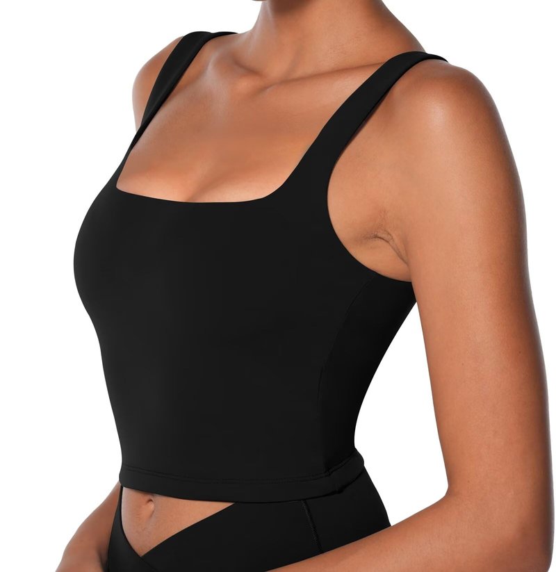 Sunzel Women's Double Lined Tank Top, Sleeveless Square Neck Crop Top, Yoga & Fitness Fitted Workout Casual Activewear Shirt Black Medium