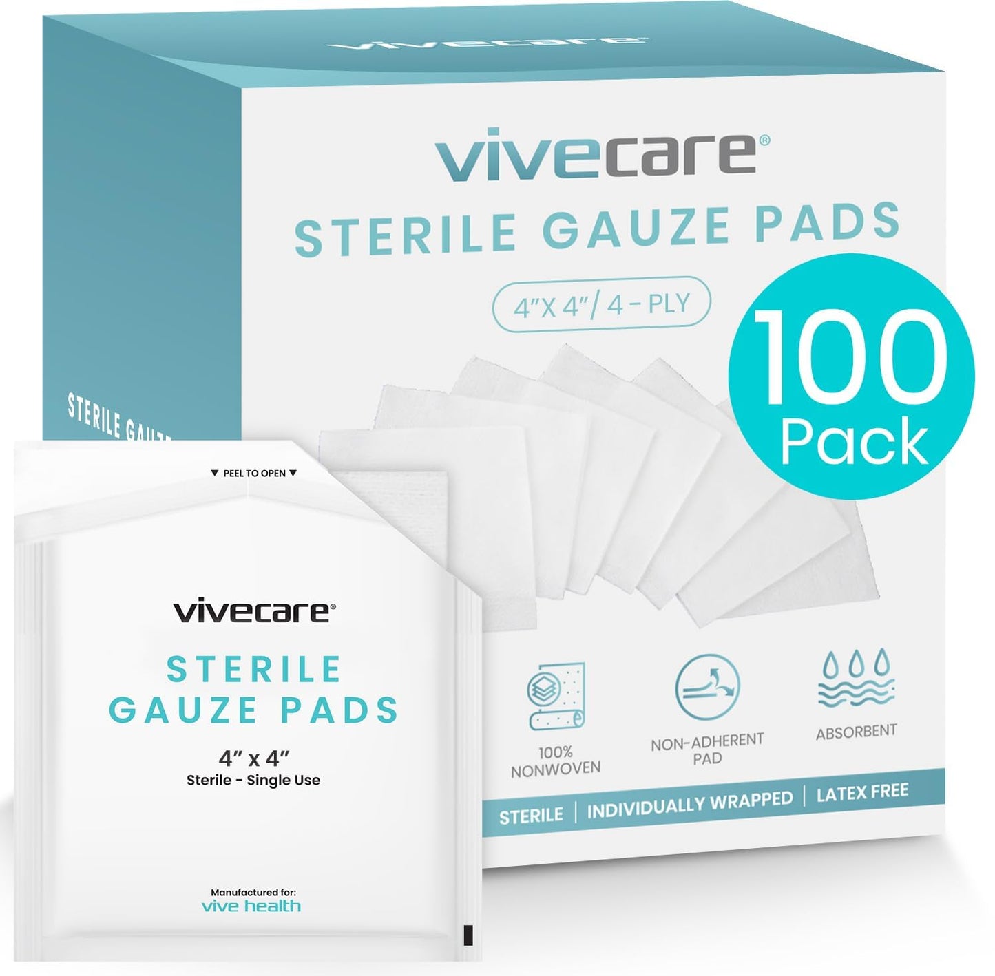 Vive Care 4x4 Sterile Gauze Pads (100pc) - Individually Wrapped 2-Pack Wound Dressing for Cleaning & Cushioning - Non-Adhesive Highly Absorbent Bandages