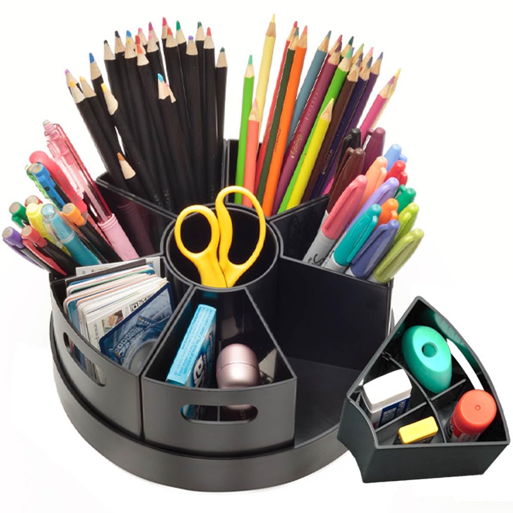 PUZZLE EZ Black Rotating Desk Organizer Lazy Susan Caddies for Home School Office Supplies, Pens, Markers and Art Supplies for Classroom