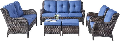 Rilyson Wicker Patio Furniture Set - 6 Piece Rattan Outdoor Sectional Conversation Sets with 2 Rocking Swivel Chairs,2 Ottomans,1 Sofa and 1 Loveseat for Porch Deck Garden(Brown/Blue)