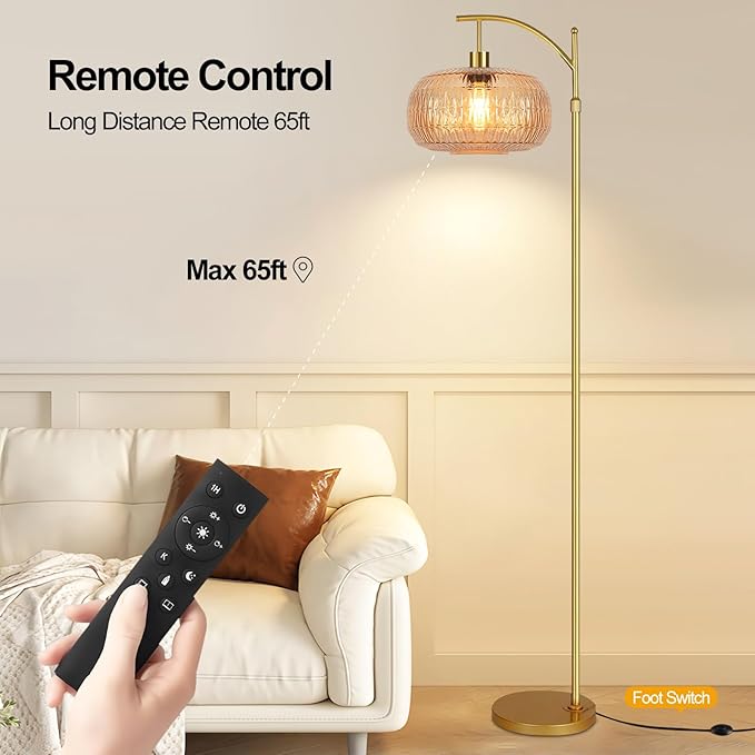 Glass Floor Lamp for Living Room,Bedroom,Gold Mid Century Modern Standing Lamp with Remote,Dimmable Brass Tall Lamp Amber Lamp Vintage Retro Arc Floor Lamps Floor Light Boho Bohemian