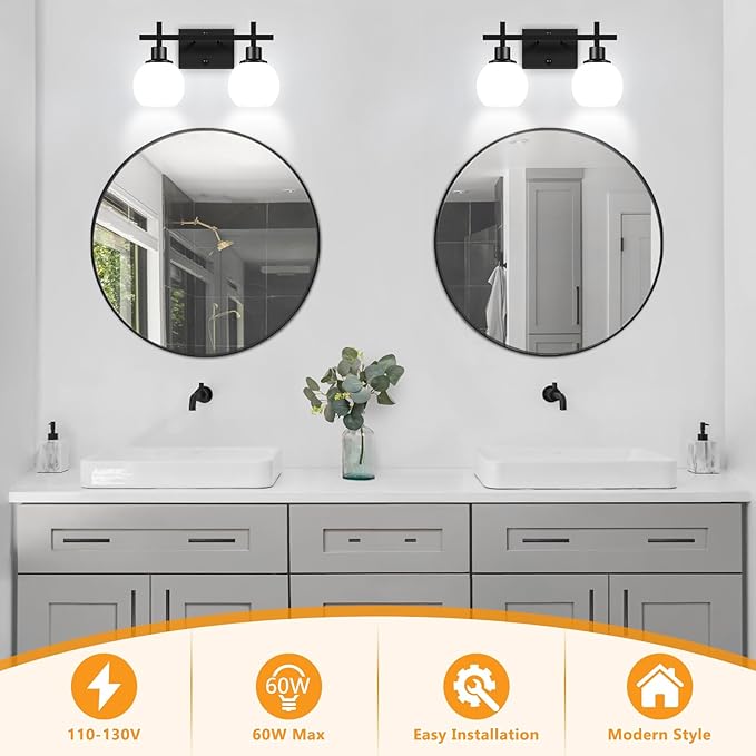 2-Light Black Bathroom Lighting Fixtures Over Mirror,Modern Vanity Lighting Fixtures,Bathroom Wall Mounted Vanity Light with Milky White Glass Lampshade for Living Room，Bedroom，Hallway