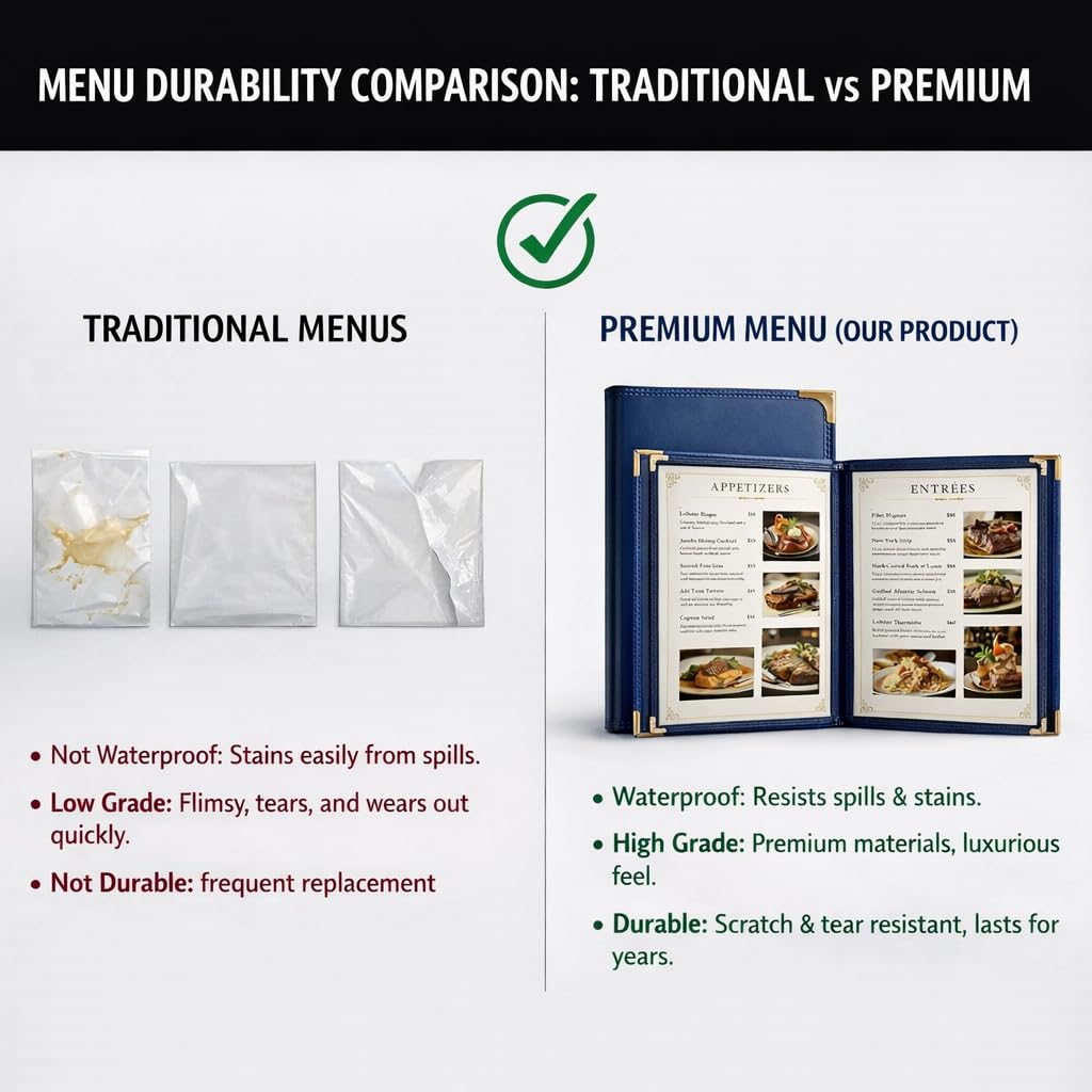 Restaurant Menu Covers 8.5×11 – 8 Page 16 View Menu Sleeve, Premium Navy Faux Leather, Waterproof Durable Menu Holder for Bar Cafe Hotel, 2 Pack