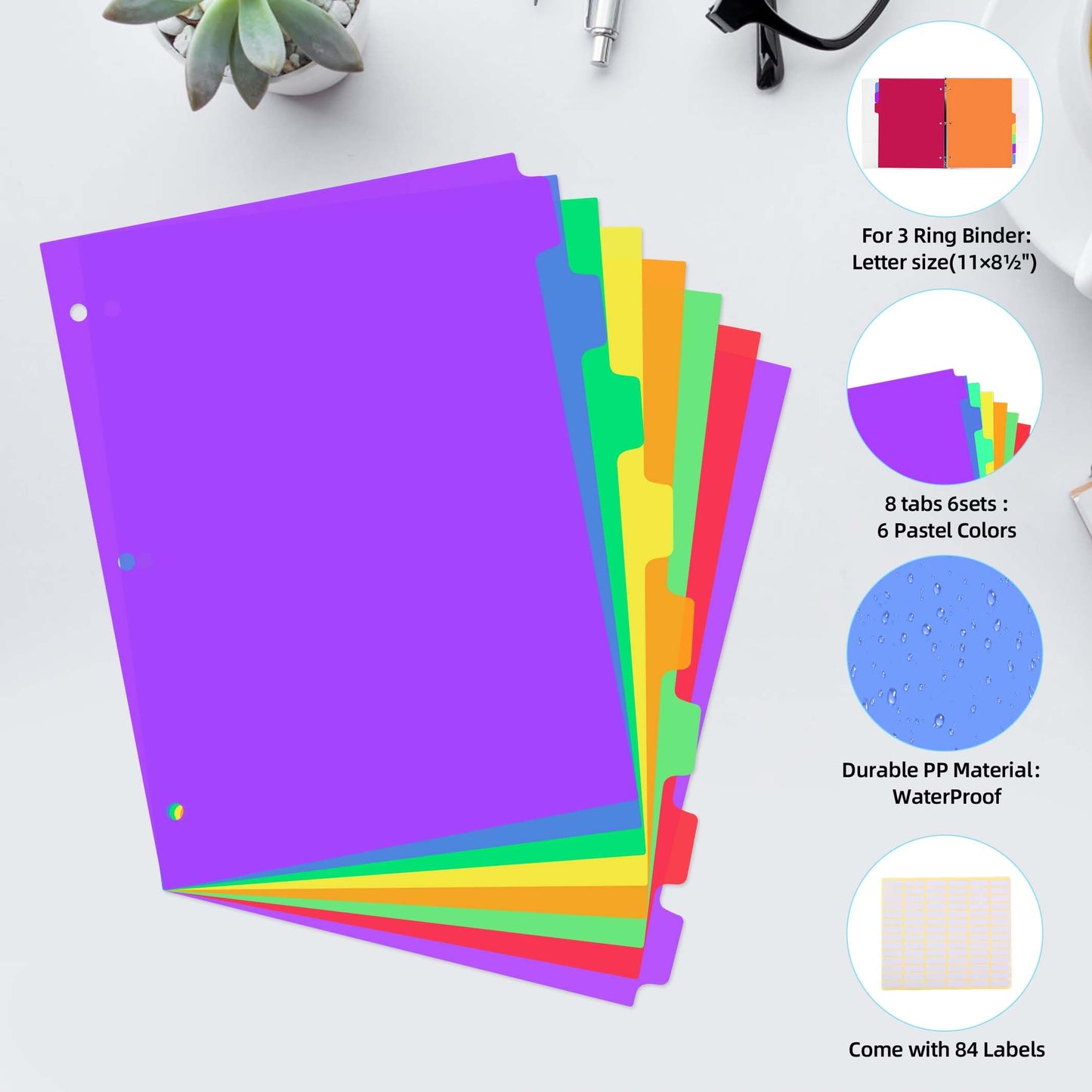 Binder Dividers for 3 Ring Binder,8 Tab Plastic File Dividers, Multicolor,Pack of 6sets(48 Dividers Total)