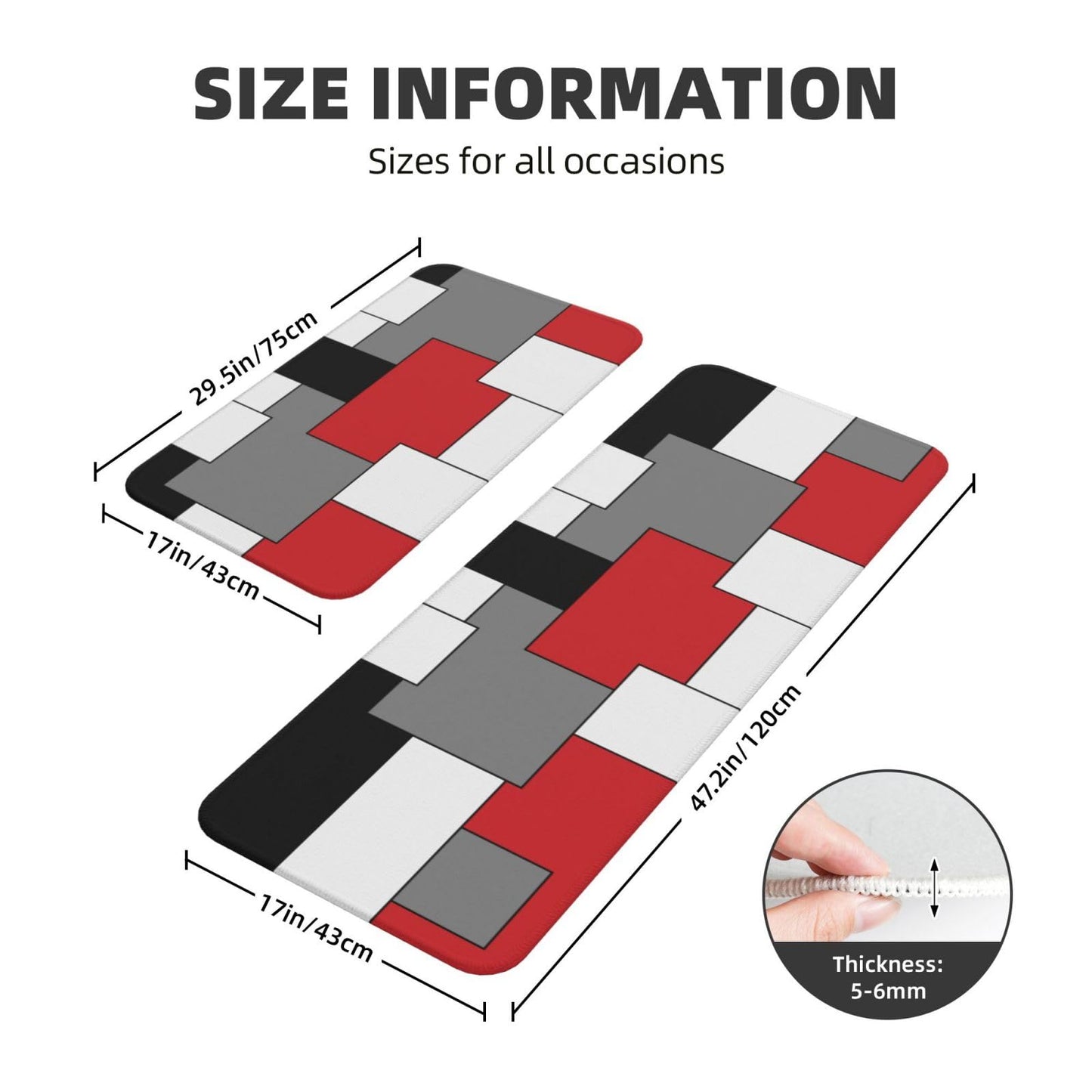 Sovvin Red White Black Grey Geometric Kitchen Rugs Microfiber Floor Mats Geometry Cushioned Carpet Runner Rug for Laundry Bathroom Living Room, 2 Piece Set 17"X 47" + 17"X 30"