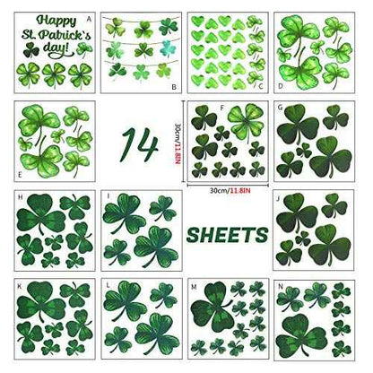 14 Sheets St. Patrick¡¯s Day Wall Sticker Decorations, Large Shamrock Wall Decals for Home School Office Decor Party Supplies Ornaments, 108 PCS