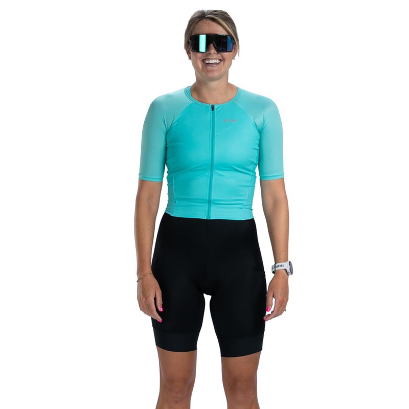 Zoot Women’s Core Tri Aero FZ Racesuit, Short Sleeve Moisture-Wicking Triathlon Suit, Plush Chamois & Race Day Storage - Aqua Blue - X-Small