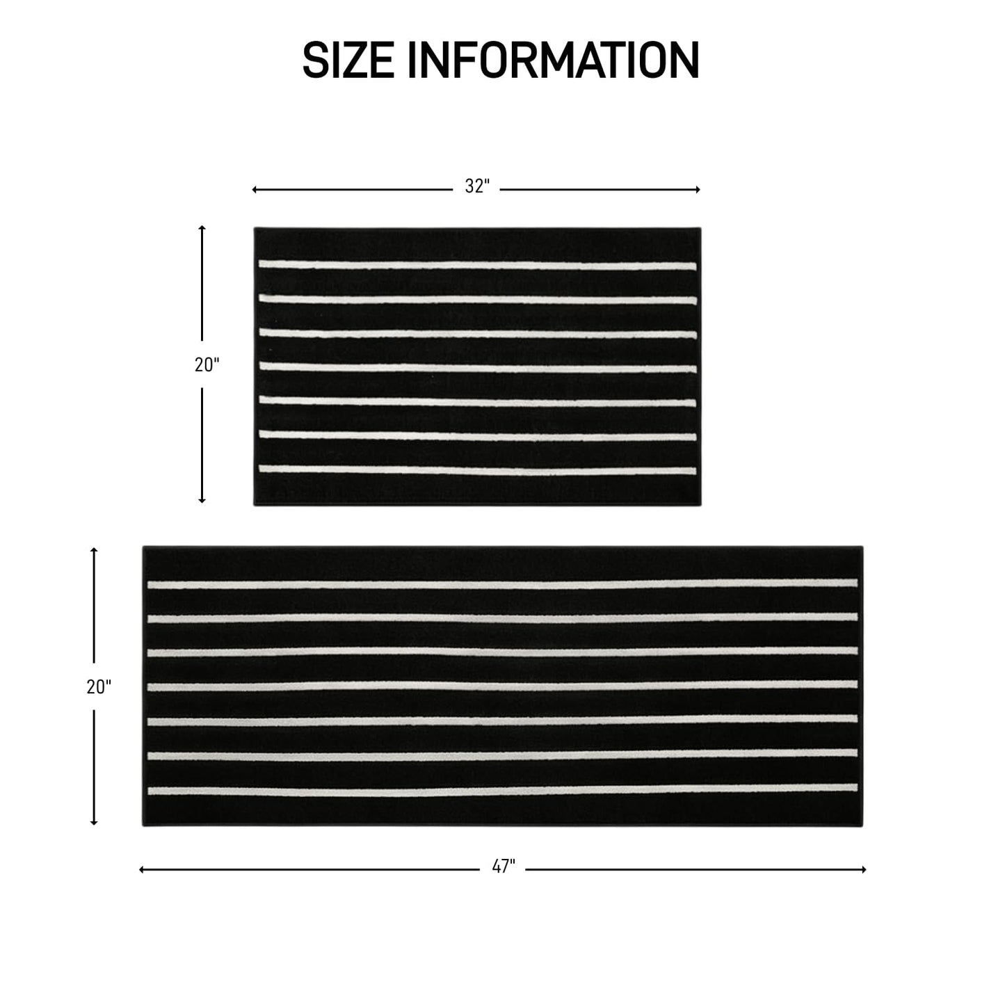 GIB Kitchen Mats Set of 2 PCS, Non-Slip Washable Rugs for Kitchen Floor, Absorbent Runner Rug Comfort Standing Mats for Kitchen Sink Office Decor, 20"x32"+20"x47", Black and White Striped