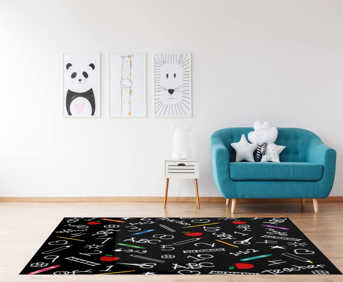 LOKMU Non-Slip Area Rugs Back to School Blackboard Chalk Drawings Crayons Markers Rulers Home Decor Rugs Carpet for Classroom Living Room Bedroom Dining Kindergarten Room 5'x7'