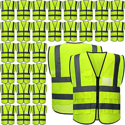 JaGely 12 Pack Reflective Safety Vests with Pockets, High Visibility Mesh Construction Vest for Men Women, Neon Yellow, Size L