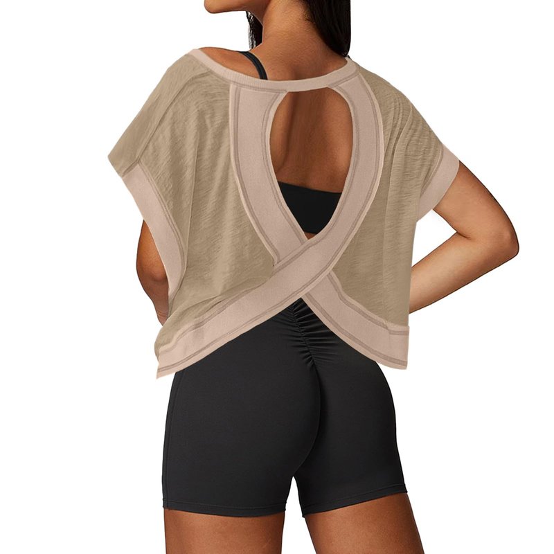 UNIANKIYA Open Back Workout Tops for Women Loose Fit Athletic Crop Tee Short Sleeve Gym Running Yoga Shirt Taupe