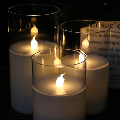 GenSwin Clear Glass Battery Operated Flameless Led Candles with 10-Key Remote and Timer, Real Wax Candles Warm White Flickering Light for Home Decoration(Set of 3)