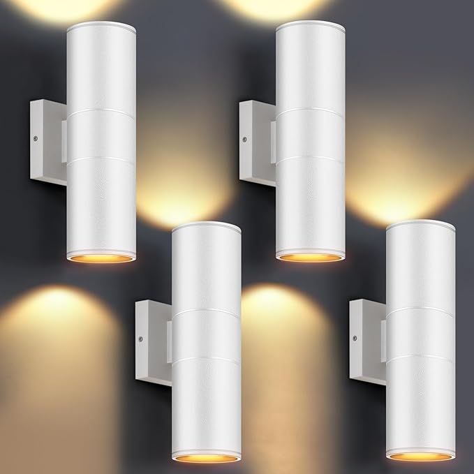 Outdoor Wall Lights 4Pack, Integrated LED Cylinder Up Down Lights, 12W 2700K Aluminum Exterior Wall Light, Outdoor Light Fixture for Porch Patio Door.(Matte White)