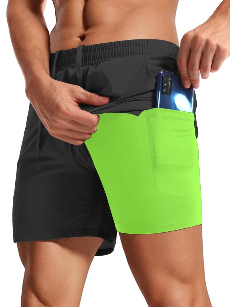 Aolesy Men's Workout Shorts with Liner 5 Inch Quick Dry 2 in 1 Running Shorts for Men Sports Athletic Gym Shorts with Zipper Pockets Black/Green
